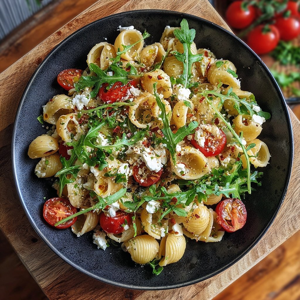 Mediterraner Nudelsalat Mit Rucola Blättern