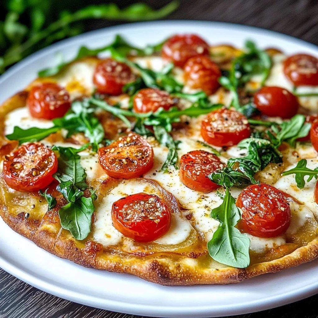Knusprige Kartoffelpizza vom Blech mit Tomaten und Rucola